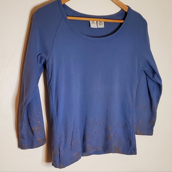 Gold Splash Periwinkle Blue 3/4 Sleeve Armani Exchange Shirt with Paint Accents - Picture 7 of 13